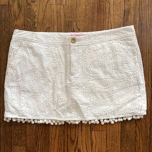 White Lace Mini Skort with Pom Pom Trim